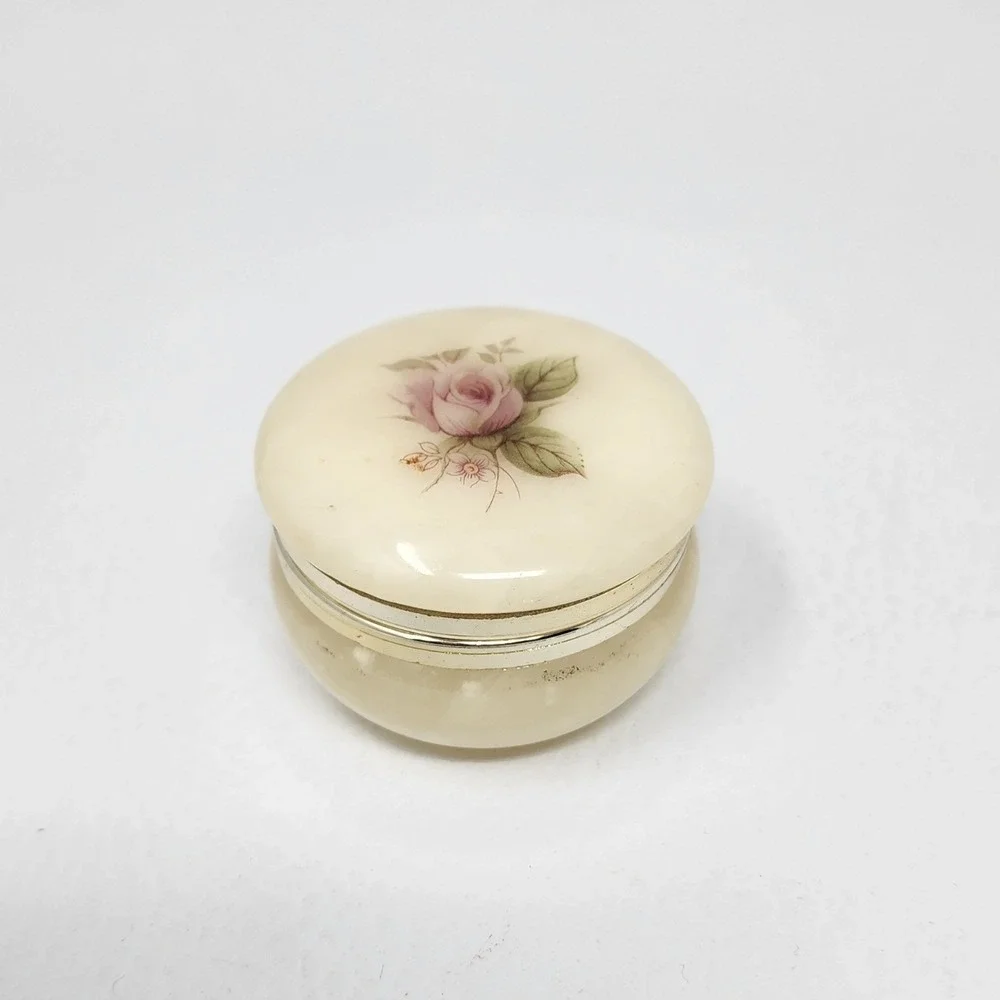 Vintage Alabaster Trinket Box Hand Painted Pink Rose Hinged Round Made in Italy